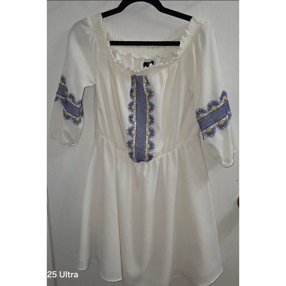 Kaari Blue Cream Blue Off-the-Shoulder Embroidered Swing Dress Size M Peasant